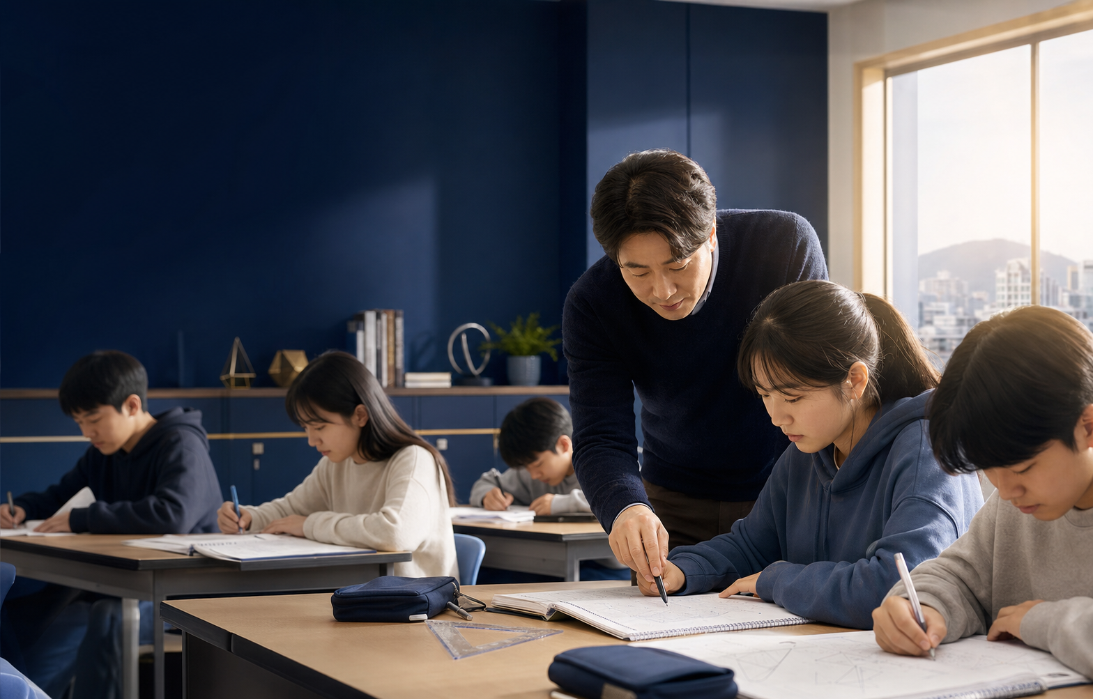 수학 문제를 함께 살펴보며 학생을 지도하는 교사와 집중해서 학습하는 학생들